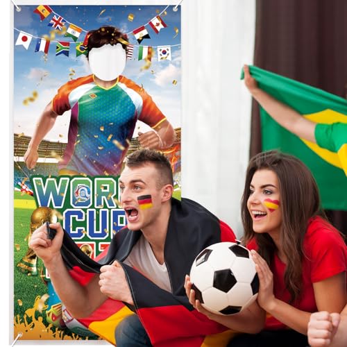 2026 World Cup Photo Banner 71x35 Inches 2026 Soccer Player Cutout Backdrop with Face Hole for World Cup Soccer Party Deco...
