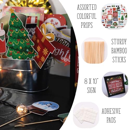 Christmas Photo Booth Props - 41-pc Photobooth Kit with 8 x 10-Inch Sign, 60 Adhesive Pads, 45 Sticks - Christmas Photoboo...