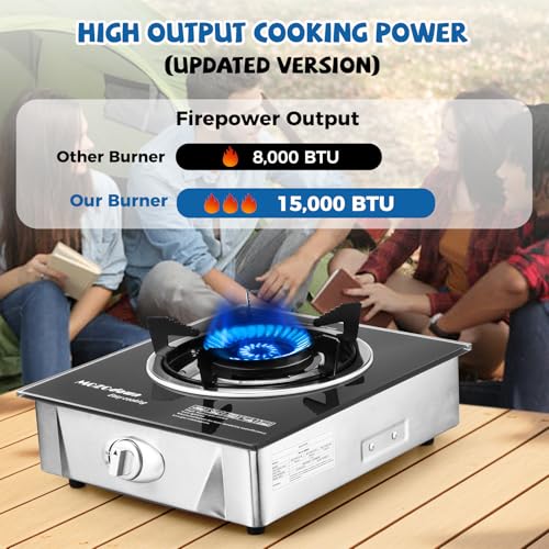 Single Burner Propane Stove 15000 BTU, Portable Gas Propane Stove 1 Burner, Camping Stove Propane with LPG Adapter Hose fo...