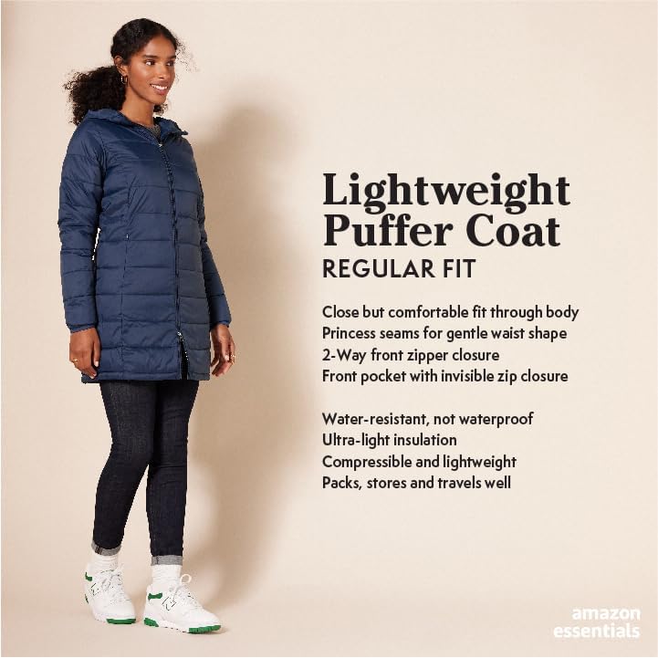 Amazon Essentials womens Lightweight Water-Resistant Packable Hooded Puffer Coat (Available in Plus Size)