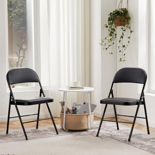 DUMOS 2 Pack Leather Padded Folding Chair, Indoor Outdoor Portable Stackable Commercial Seat with Steel Frame, Capacity fo...