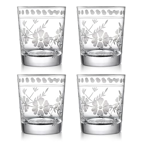 Joeyan Hand Blown Etched Drinking Glasses,Clear Water Glass Cups with Floral Pattern,Aesthetic Tumblers Glassware Set for ...