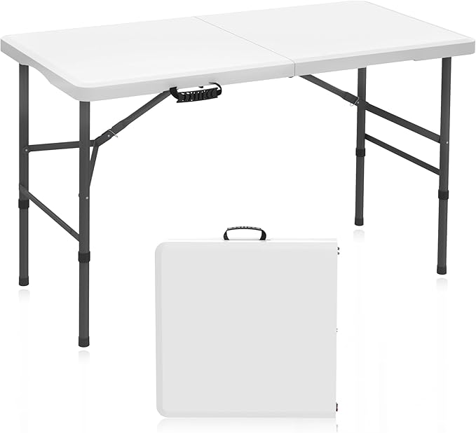 RootRise Folding Table Adjustable Height Portable Folding Tables Heavy Duty 400 lbs Capacity, Wood Grain Tabletop for Working Meeting Parties, Picnic, Camping, Weddings, Garden Dining (4FT-White)