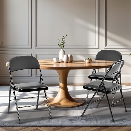 Simple Deluxe 4 Pack Folding Chairs with Leather Padded Cushion Seats & Durable Metal Frame, Comfortable, Foldable, Portab...
