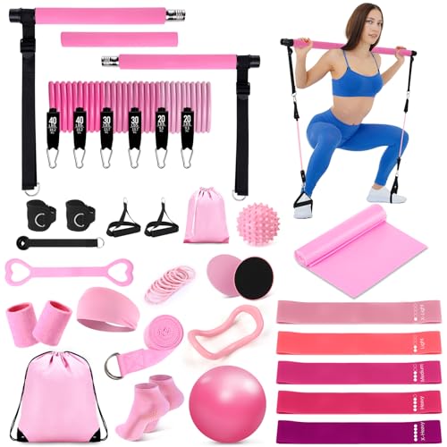 LaRandom Pilates Bar Kit with Resistance Bands Multifunctional Pilates Bar with Metal Adjustment Buckle Portable Storage B...