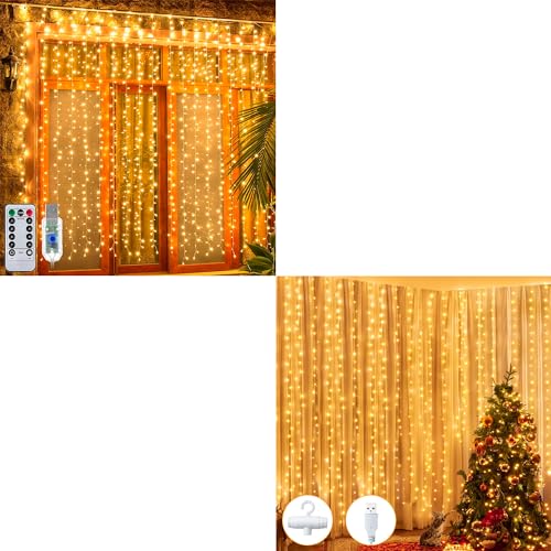 Ollny Curtain Lights 200 LED 6.6x6.6ft, Warm White Waterproof Fairy Lights Curtain for Bedroom Backdrop Wedding Party Deco...