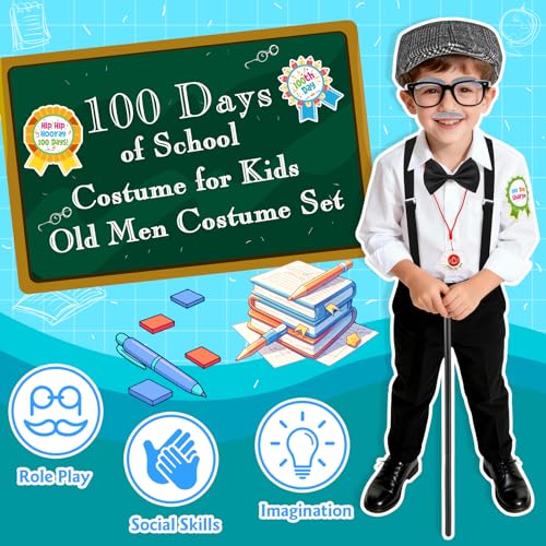 FUSPWEAO Kids 100 Days of School Costume for Boys - 1920s Old Man Grandpa Costume Set with Beret, Cane, Mustache & Wallet ...
