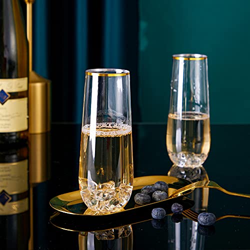 N9R 12PCS Plastic Champagne Flutes, 9 oz Stemless Disposable Gold Rim Toasting Glasses, Crystal Clear Cocktail Cups Drinkw...