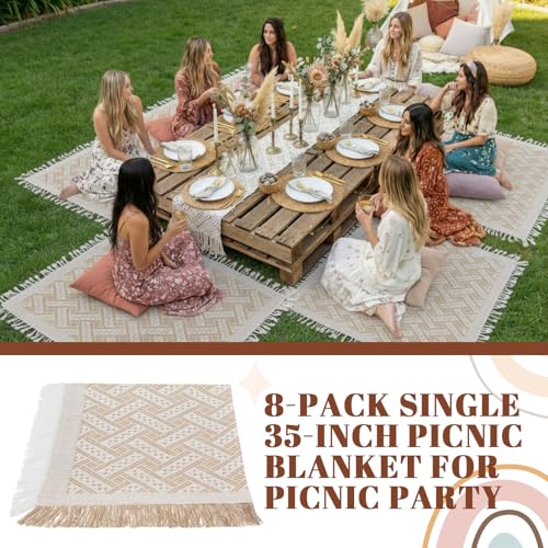 Hahafelt 8 Pcs Outdoor Picnic Blanket 35"x35" Boho Blanket Woven Cotton Yarn Portable Mat Plaid with Fringe Washable for P...