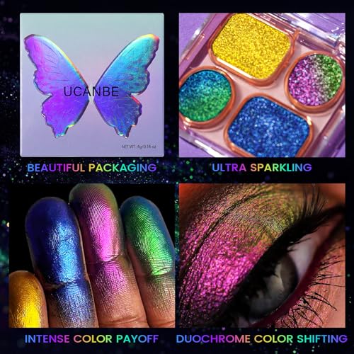 UCANBE Multichrome Chameleon Eyeshadow Makeup Palette, 4 Colors Holographic Metallic Glitter Eye Shadow Pallet, High Pigme...