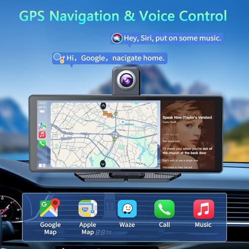 10.26" Wireless Portable Carplay Screen CarPlay & Android Auto Car Stereo 360 Rotation 4K Dash Cam 1080p Rear Camera Mirro...