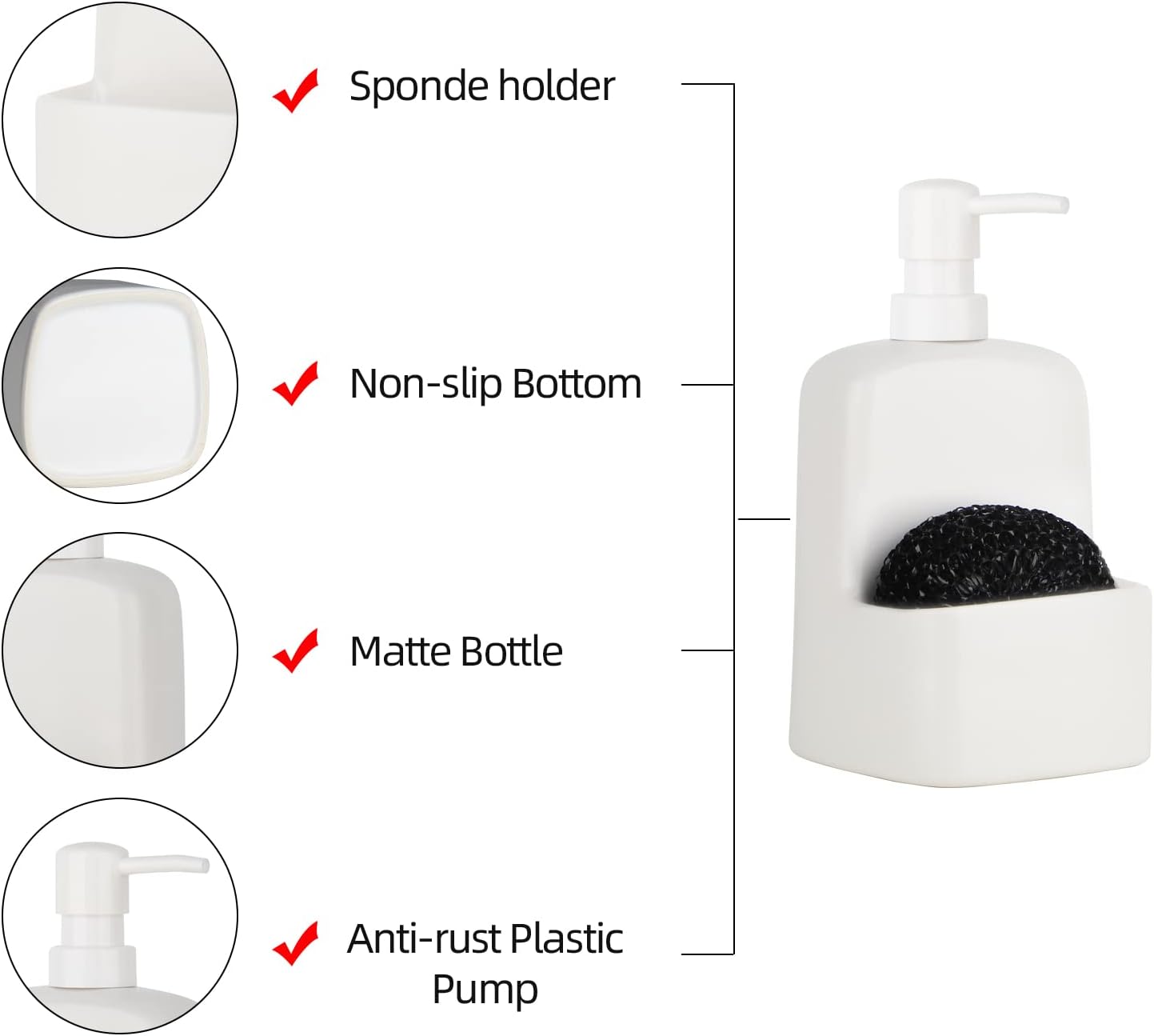 Dish Soap Dispenser - Kitchen Soap Dispenser with Sponge Holder Matte Ceramic Soap Daddy Dispenser 20oz for Kitchen (Matte White)