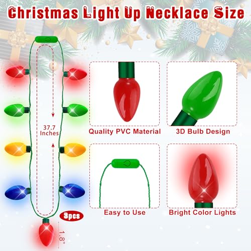 9PCS Christmas Party Favors, Light Up Christmas Necklace Headband Glasses Set, Xmas Bulb Necklace Antler Tree Lights Holid...