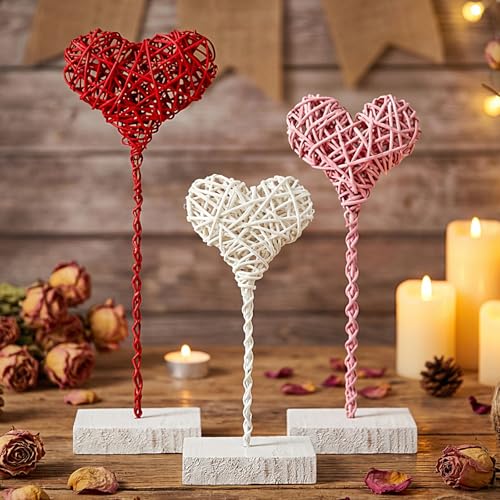 Thyle 3 Pcs Valentines Day Rustic Heart Table Sign Decor Rattan Woven Handmade Love Tall Standing Heart Block Set for Home...