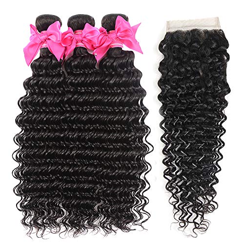 Aatifa Brazilian Virgin Deep Wave 3 Bundles with Closure 9A Grade Unprocessed Human Hair with 4x4 Lace Closure Free Part Natural Color, lace closure, (18/20/22+16 Inch)