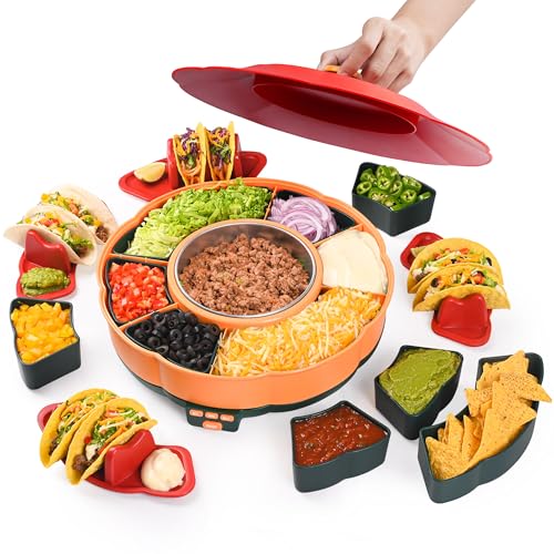 Taco Tuesday Kit - Taco Bar Serving Set for a Party with 33oz Heated Pot, 4 Taco Holders, Detachable Lazy Susan Tray, Perf...