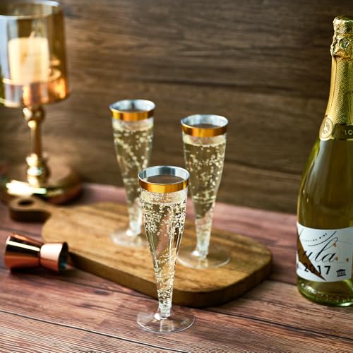 FOCUSLINE 100 Pack Plastic Champagne Flutes, 4.5 Oz Gold Rim Plastic Champagne Glasses, Disposable Clear Toasting Glasses ...