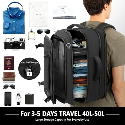 HULVION Travel Backpack,40-50L Expandable Carry On Backpack with USB Cable Port Fits 17.3 Inch Laptop Bag,Water Resistant ...