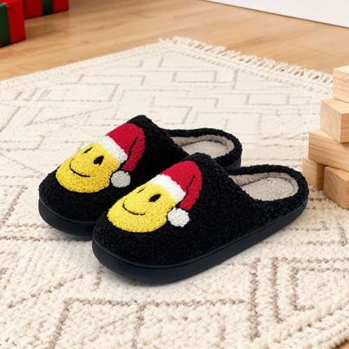 Christmas Slippers For Men and Women, Retro Fuzzy Smile Face Slipper Cozy Furry Plush Happy Cozy Non-slip House Slippers F...