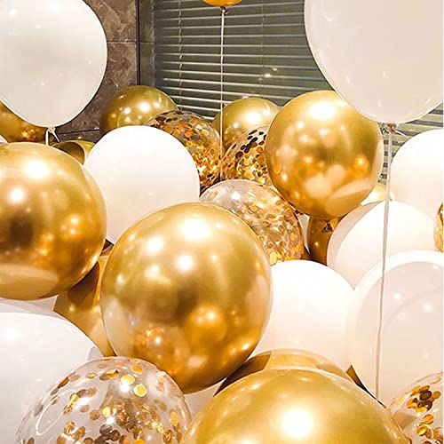 White and Gold Confetti Latex Balloons, 50 Pack 12 inch gold and white Party Balloons with Ribbons for Birthday Graduation...
