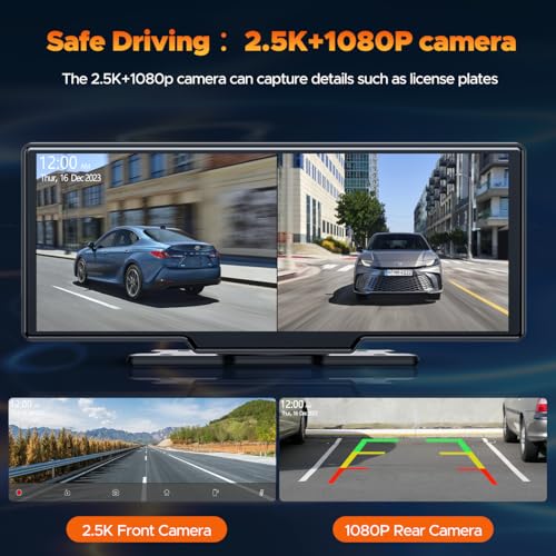 9.26 Inch Wireless Apple CarPlay and Android Auto Screen with Dash Cam 2.5K Front 1080P Rear Recording, Voice Control, GPS...