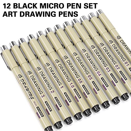 Muchcute Micro Fineliner Drawing Art Pens: 12 Black Fine Line Waterproof Ink Set Artist Supplies Archival Inking Markers L...