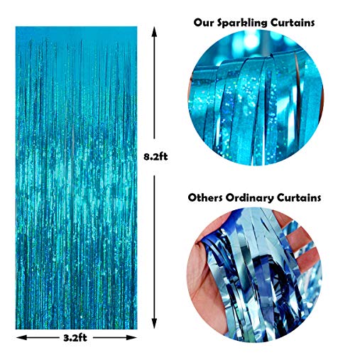Melsan 2 Pack 3.2 ft x 8 ft Teal Tinsel Foil Fringe Curtains Backdrop, Blue Sparkle Metallic Foil Curtains for Ocean Birth...