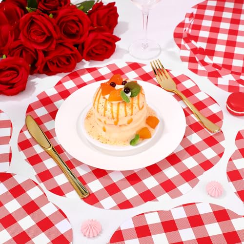 Tinlade 80 Pcs Red Gingham Paper Placemats Spring Summer Buffalo Plaid Disposable Scalloped Place Mats 13 Inch Red and Whi...