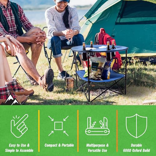 Wakeman Camp Table - Round 2-Tier Folding Table with 4 Cupholders and Carrying Bag - for Camping, Beach, Picnic, Sporting ...