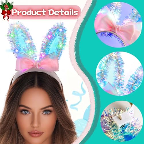 Outyua Light up Bunny Ears Headband Halloween Rabbit Ear Headbands Bow Tinsel Easter Costume Hair Accessory for Women