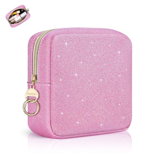 Playexen 5.7" Small Makeup Bag, Glitter Cosmetics Bag for Purse, Portable Small Travel Makeup Pouch with Ring Buckle (Pink)
