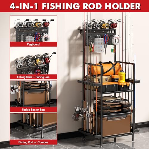 YQSLYSF Fishing Rod Holders for Garage with Pegboard & Metal Mesh Basket, Fishing Rod Storage Rack, Vertical Fishing Pole ...