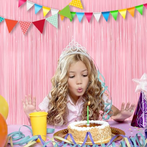 2Pack Pastel Pink Metallic Tinsel Foil Fringe Curtains, 3.3 X 8.3ft Pink Party Streamers Backdrop Curtains for Birthday Pa...