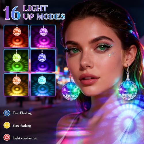 PartyFrenzy 2 Pair Rechargeable Disco Ball Earrings 16 Light Modes, Light up Earrings 32mm Flashing LED Earrings Ball for ...
