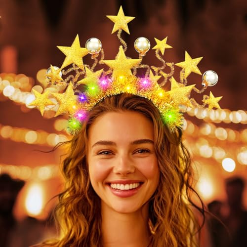 JONKY Light Up Gold Star Headband Disco Ball Hair Band Rave Costume Party Hair Accessories for Women
