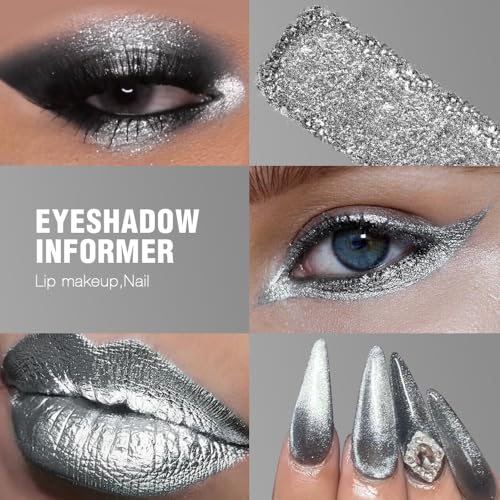 Afflano Silver Glitter Eyeshadow Super Pigmented, Intense Color Gray Silver Eyeshadow Palette Single, Long Lasting Sparkle...