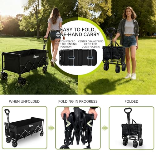 InBrave Extra Long Collapsible Wagon Cart, 480LBS Heavy Duty Utility Wagons with All-Terrain Wheels, Foldable Grocery Cart...