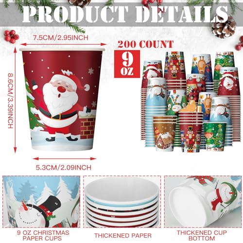Zhehao 200 Pcs Christmas 9 oz Paper Cups Disposable Coffee Cups Santa Snowman Elk Disposable Hot Cups Xmas Party Drinkware...