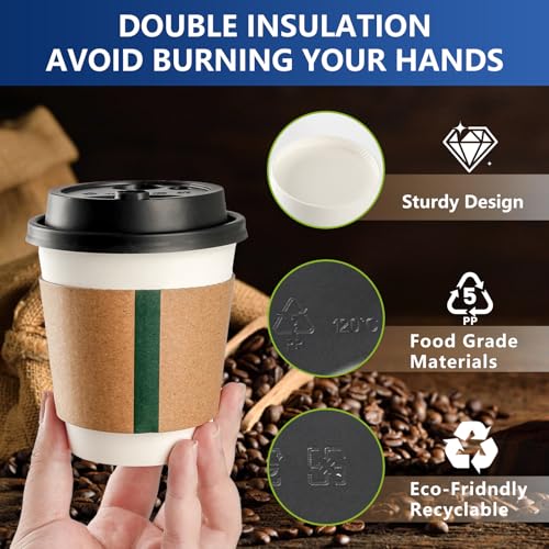 16oz Disposable Coffee Cups with Lids & Sleeves 60 Pack | Sturdy, Leak-Proof & Insulated To Go Disposable Cups for Hot/Col...