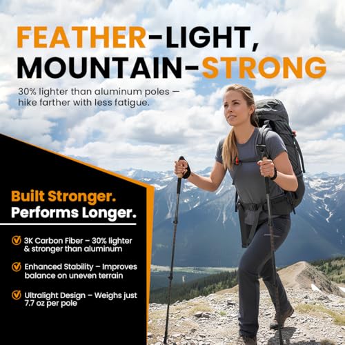 TRAILWORX 3K Carbon Fiber Collapsible Hiking Poles, Adjustable Trekking Poles for Hiking, Walking Sticks with Cork Handle,...