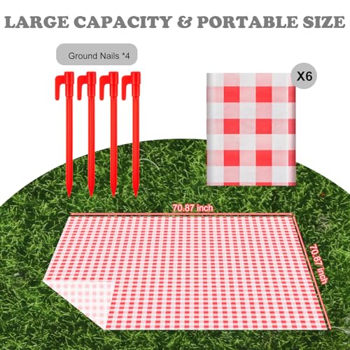 HunnmingRe 6 Pcs Disposable Outdoor Picnic Blankets 70.9''x70.9'' Thicken Foldable Waterproof Picnic Mats Gingham Oil Proo...