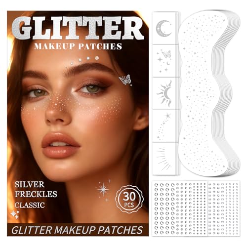 30PCS Glitter Freckles Face Tattoos & Face Gems Set, Classic Silver Glitter Temporary Tattoos for Valentine's Day Makeup, ...