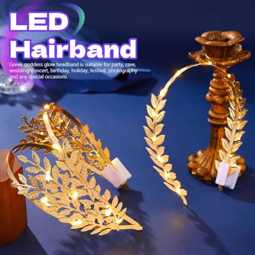 DRESBE Light Up Leaf Headband LED Greek Goddess Headbands Glow Toga Roman Hair Accessories for Women(2pcs) (Gold)