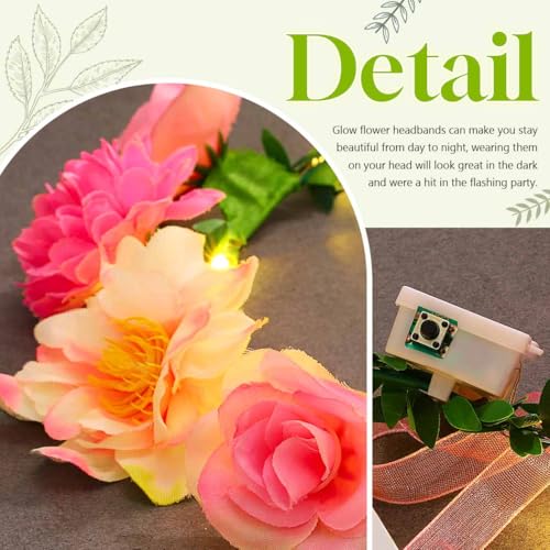 DRESBE Light Up Flower Headbands LED Floral Garland Crown Headband Glowing Party Wreath Hair Accessories for Women (Pink)