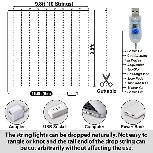 HXWEIYE 300LED Fairy Curtain Lights, 9.8x9.8Ft USB Plug-in 8 Modes Christmas String Hanging Lights with Remote for Bedroom...
