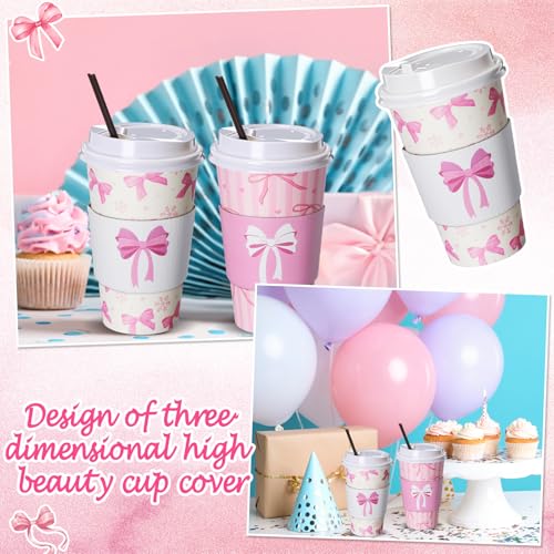 Jingmore 50 Set Pink Bow Coffee Cups with Lids, Straws and Sleeves Pink Bowknot Disposable Drinking Cup for Wedding Coquet...