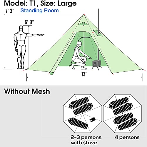 4 Persons 5lb Lightweight Tipi Hot Tents with Stove Jack, 7'3" Standing Room, Teepee Tent for Hunting Family Team Backpack...