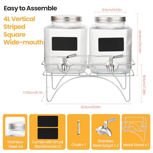 Lulonpon 2 x 4L(1.06 Gallon) Glass Drink Dispenser, Beverage Dispenser with Stainless Tap, Glass Water Juice Dispensers wi...