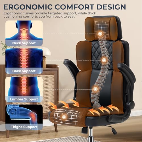 Leather Office Chair with Adjustable Headrest, Executive Home Office Desk Chairs with Ergonomic Back Support, Padded Flip-...