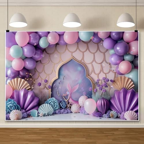 ChloropLastid 7x5ft Ocean Mermaid Backdrop Purple Balloons Sea Shell Starfish Princess Girls Birthday Party Decorations Gi...